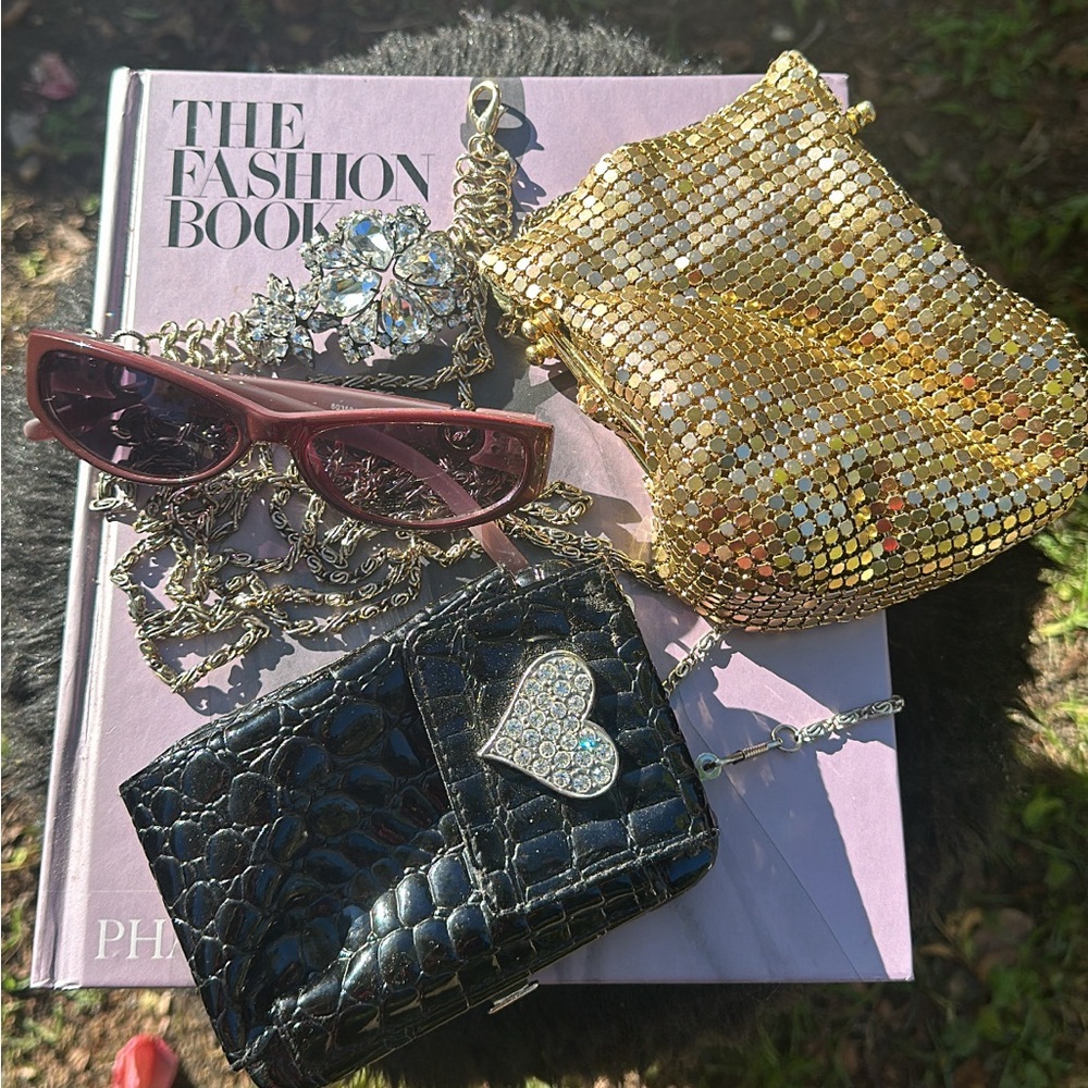 Chic Gold Sequin Bag & Black Wallet Bag & Vintage  Sunnies with Accessories